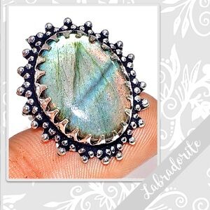 Labradorite Eclectic Multicolor Silver Artisan Ring, 7 Blue, Green, Peach flash